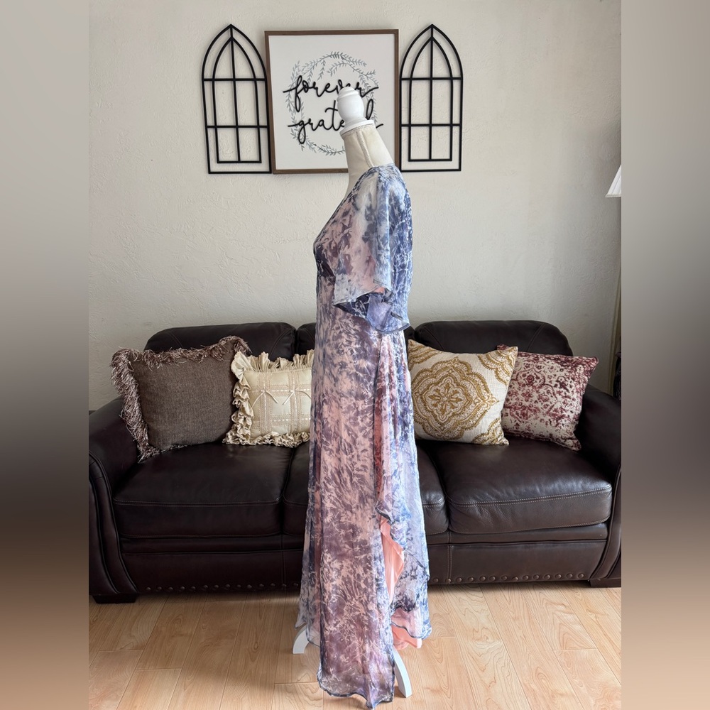FOXIEDOX Purple Tie Dye Maxi Asymmetrical Dress Flowing Cap Sleeves Size S Boho - Picture 9 of 12